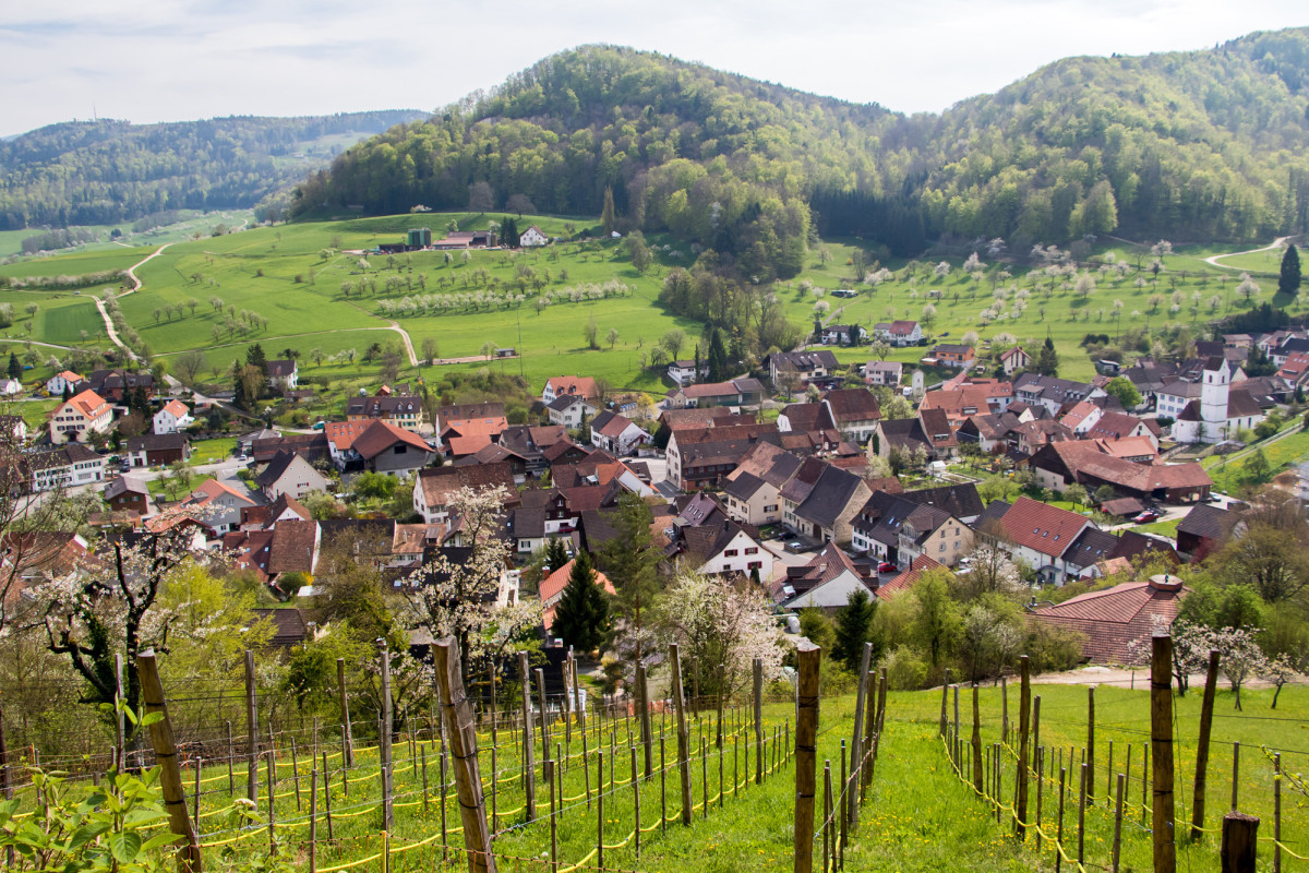 Überblick über das in einem Talkessel gelegene Dörfchen Büren SO