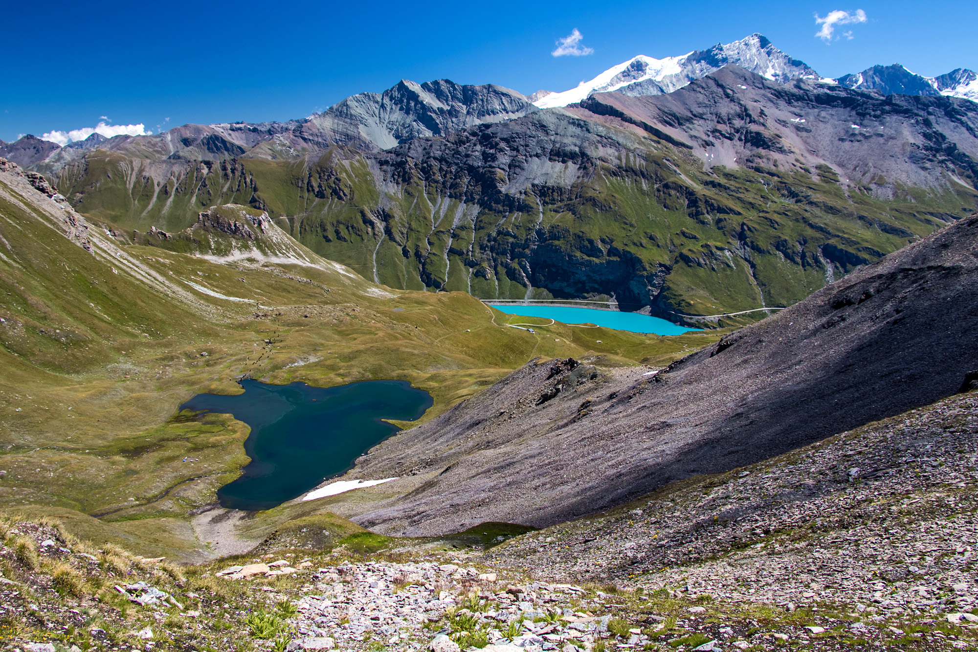 Blick vom Col de Torrent auf den Lac de Moiry