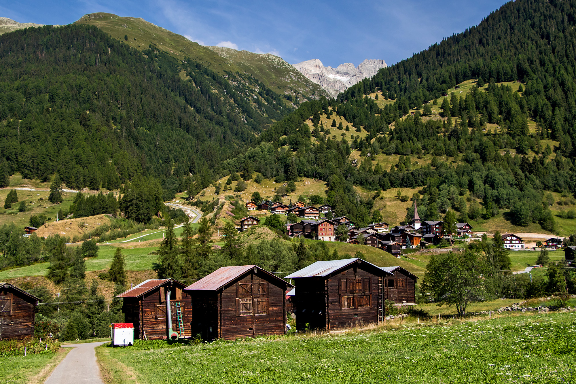 Blick über einige Speicherhäuschen hinweg auf Biel